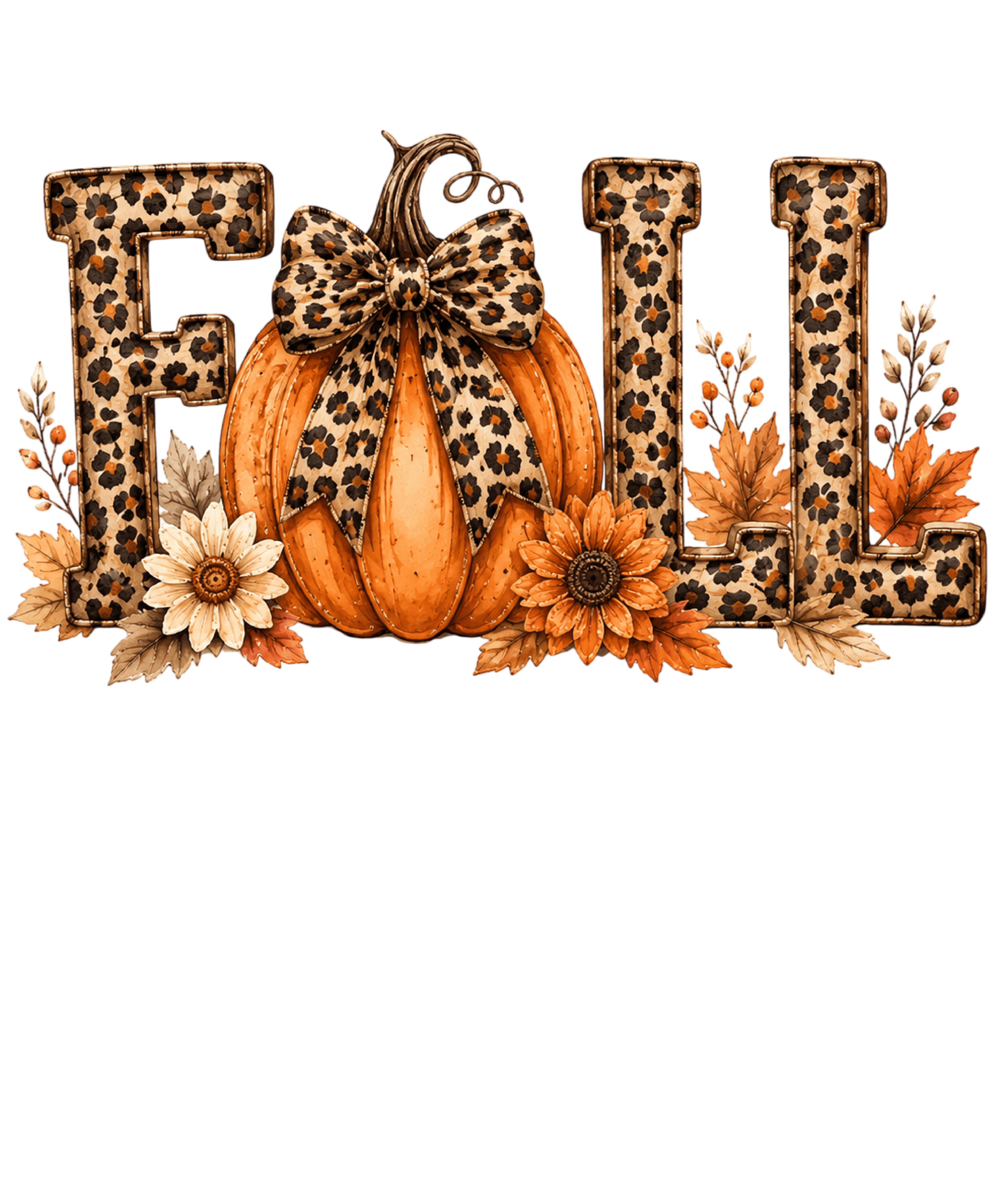 Leopard Print Fall Letters with Pumpkin and Sunflowers – Fall Ready to Press DTF Transfer