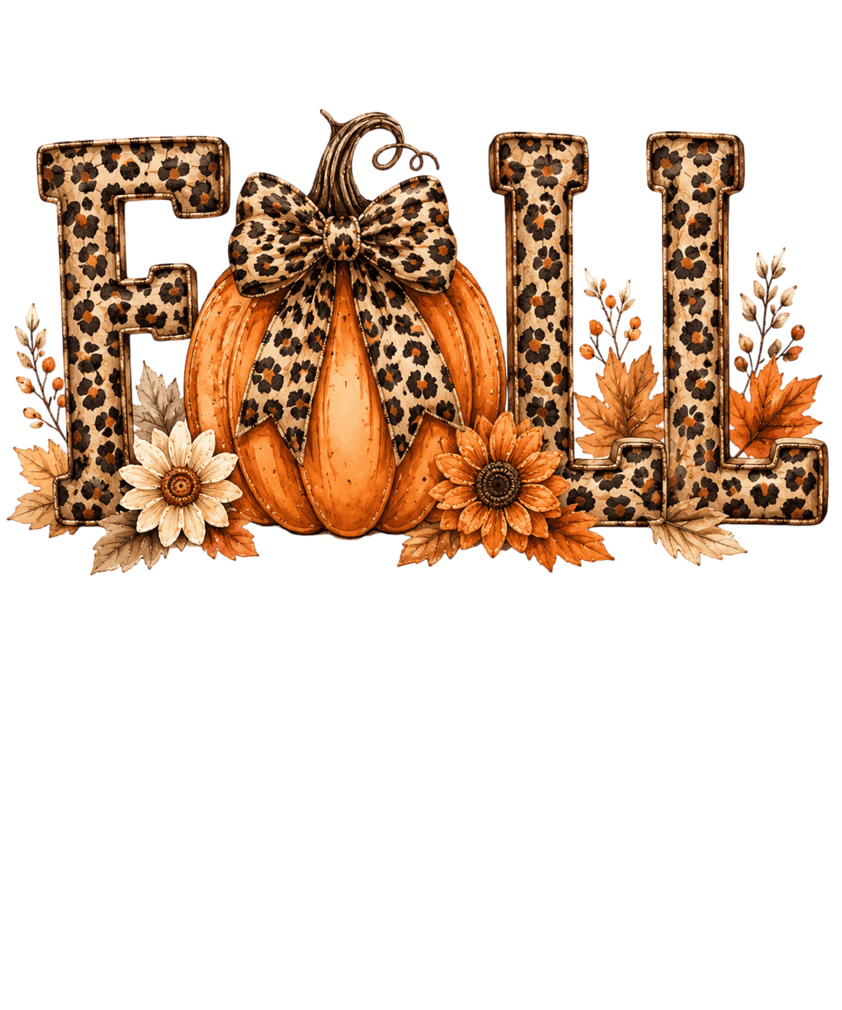 Leopard Print Fall Letters with Pumpkin and Sunflowers – Fall Ready to Press DTF Transfer