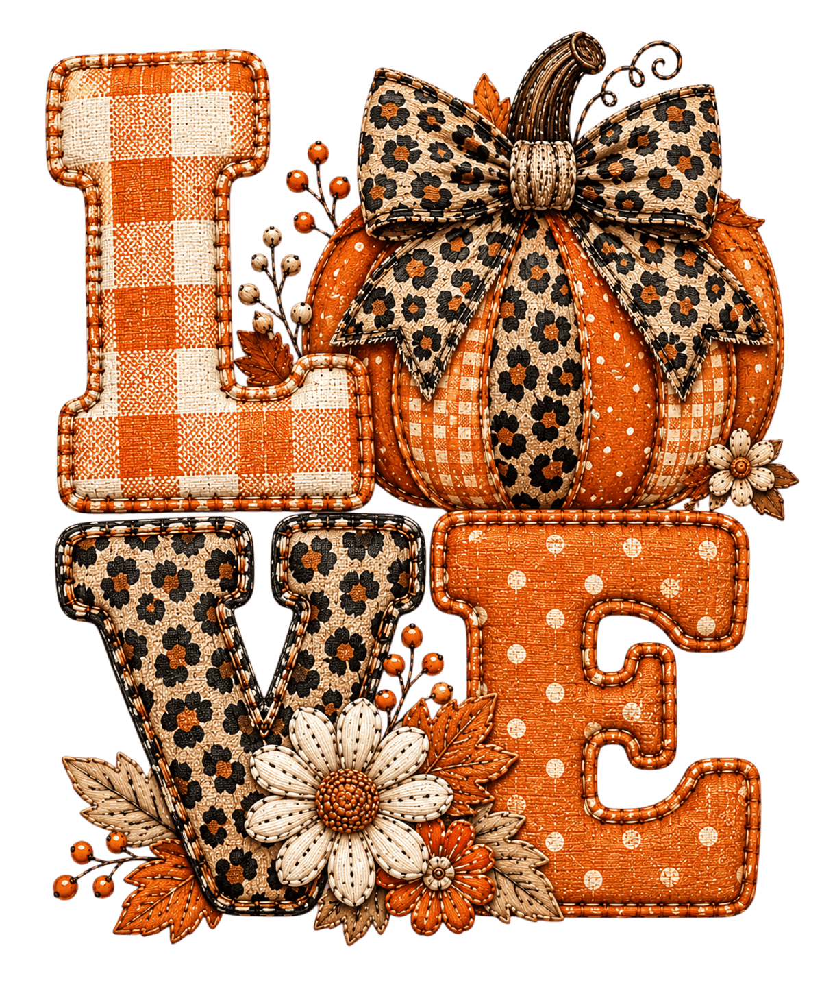 Love Fall Pumpkin Leopard and Plaid Patchwork – Fall Ready to Press DTF Transfer