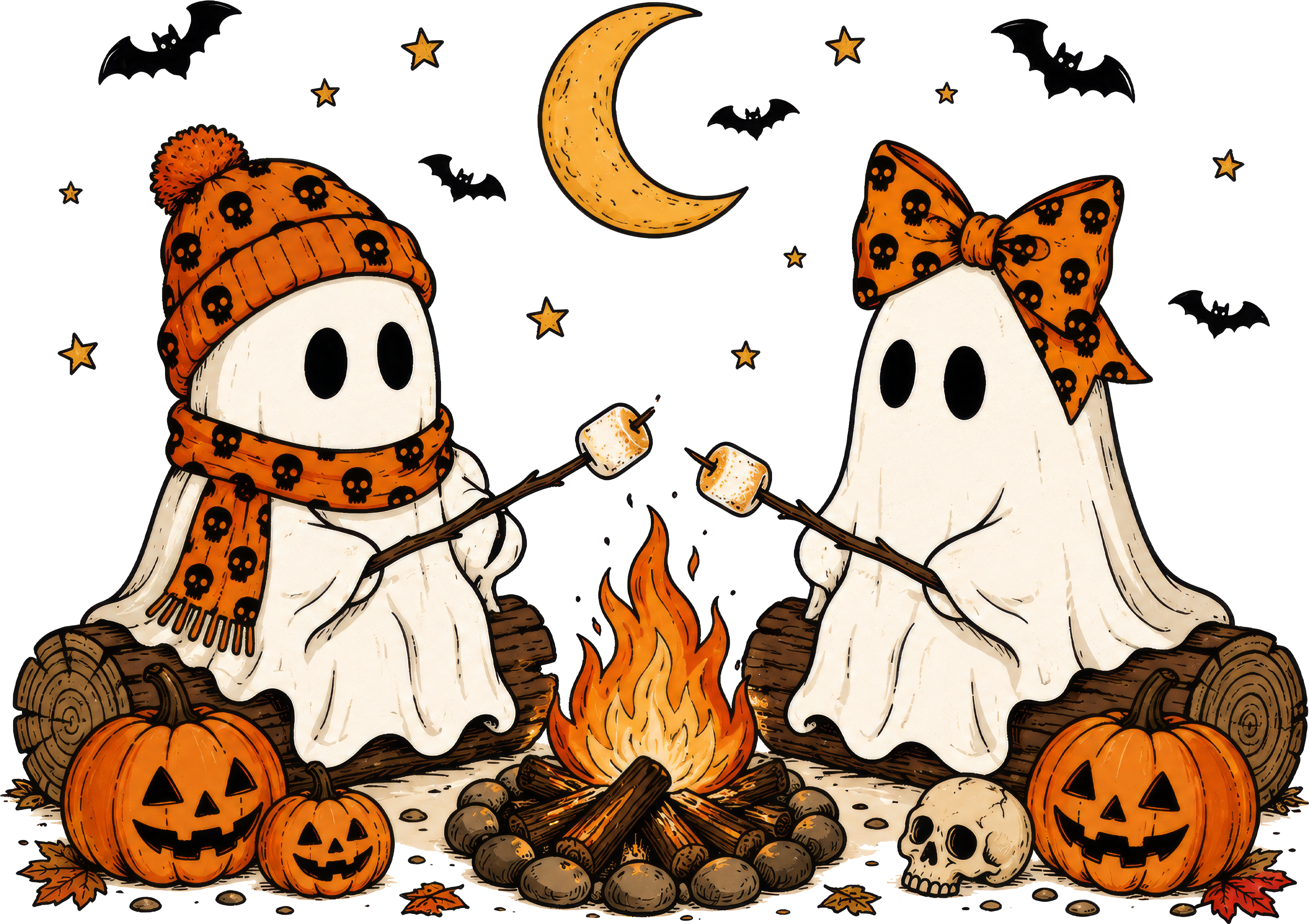 Camping Ghosts Roasting Marshmallows by Campfire – Halloween Ready to Press DTF Transfer