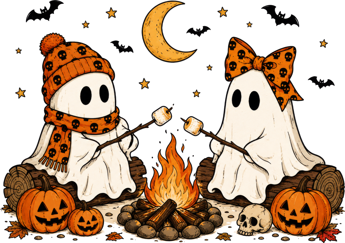 Camping Ghosts Roasting Marshmallows by Campfire – Halloween Ready to Press DTF Transfer