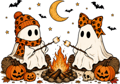 Camping Ghosts Roasting Marshmallows by Campfire – Halloween Ready to Press DTF Transfer