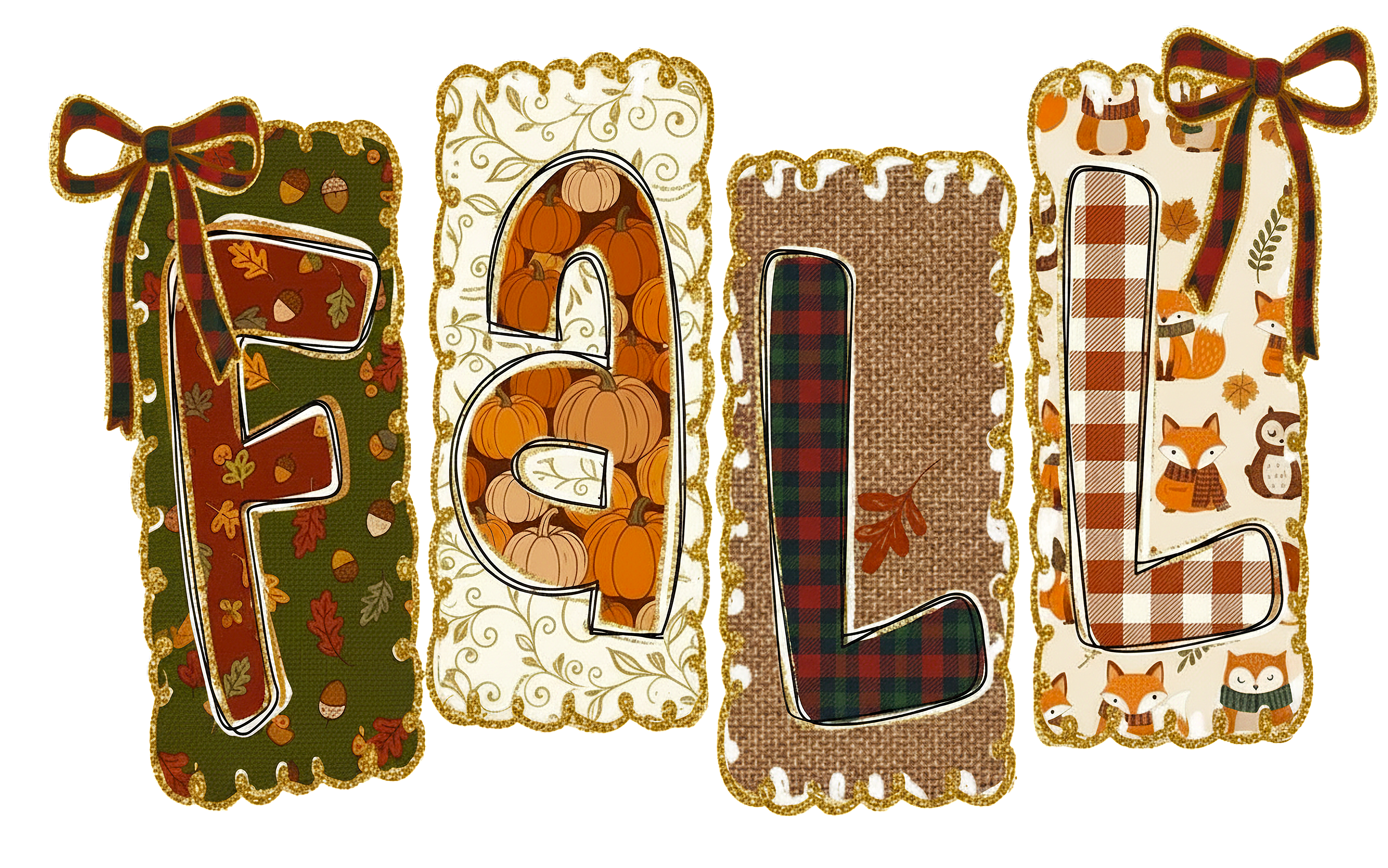 Coquette Fall Patchwork Letters with Bows – Fall Ready to Press DTF Transfer