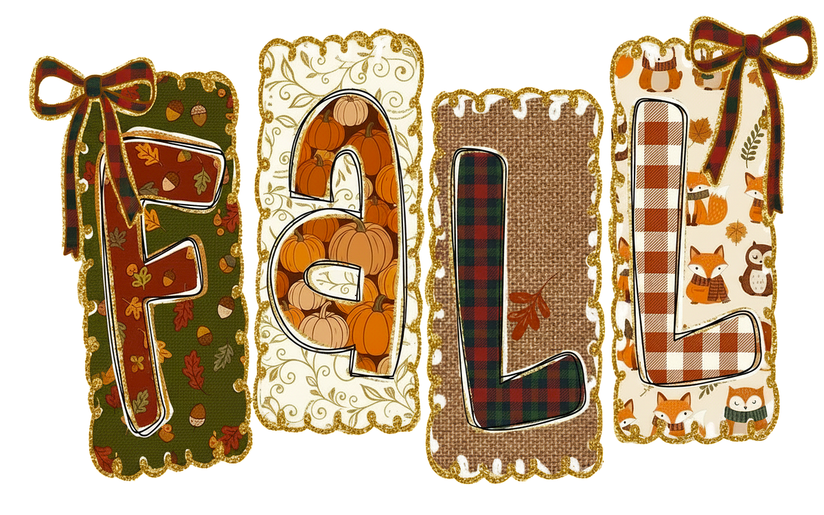 Coquette Fall Patchwork Letters with Bows – Fall Ready to Press DTF Transfer