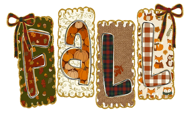 Coquette Fall Patchwork Letters with Bows – Fall Ready to Press DTF Transfer