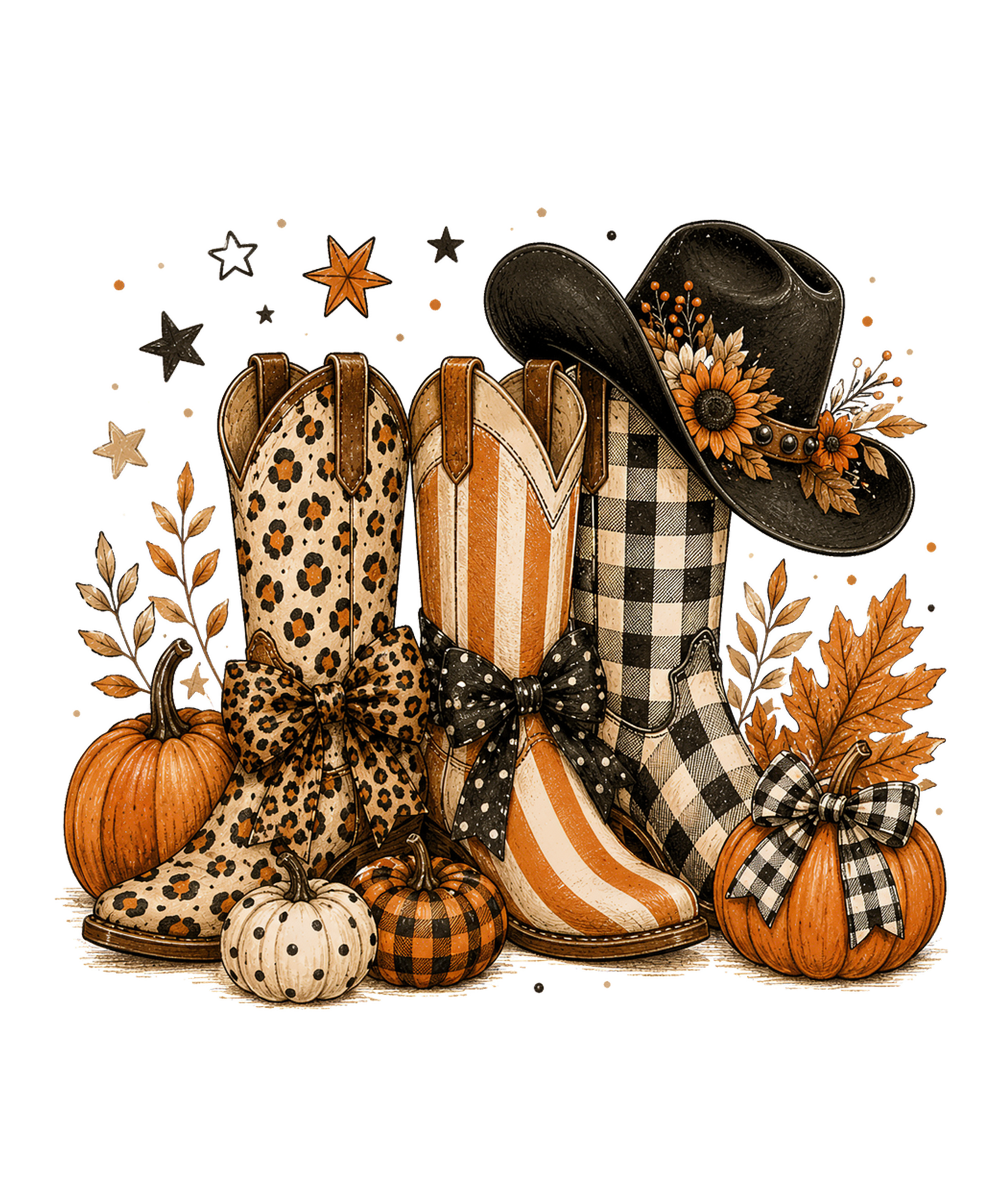 Western Cowboy Boots and Hat with Fall Pumpkins – Western Ready to Press DTF Transfer