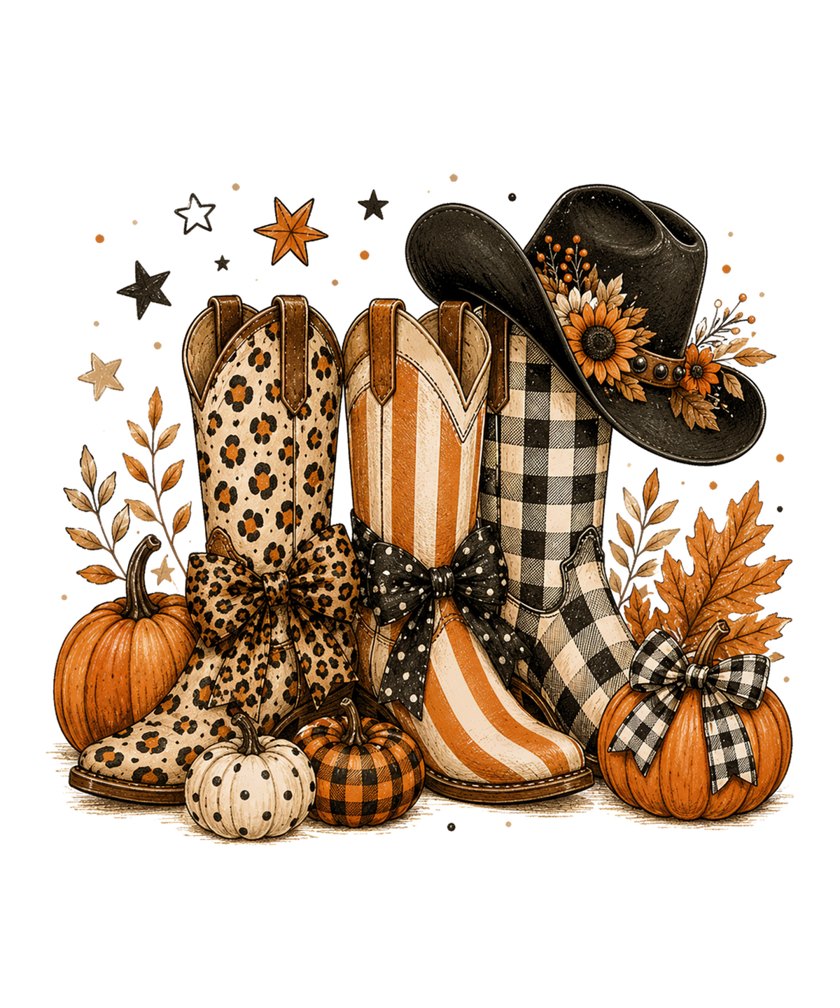 Western Cowboy Boots and Hat with Fall Pumpkins – Western Ready to Press DTF Transfer