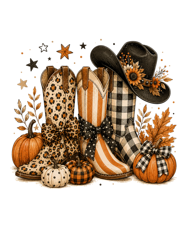 Western Cowboy Boots and Hat with Fall Pumpkins – Western Ready to Press DTF Transfer