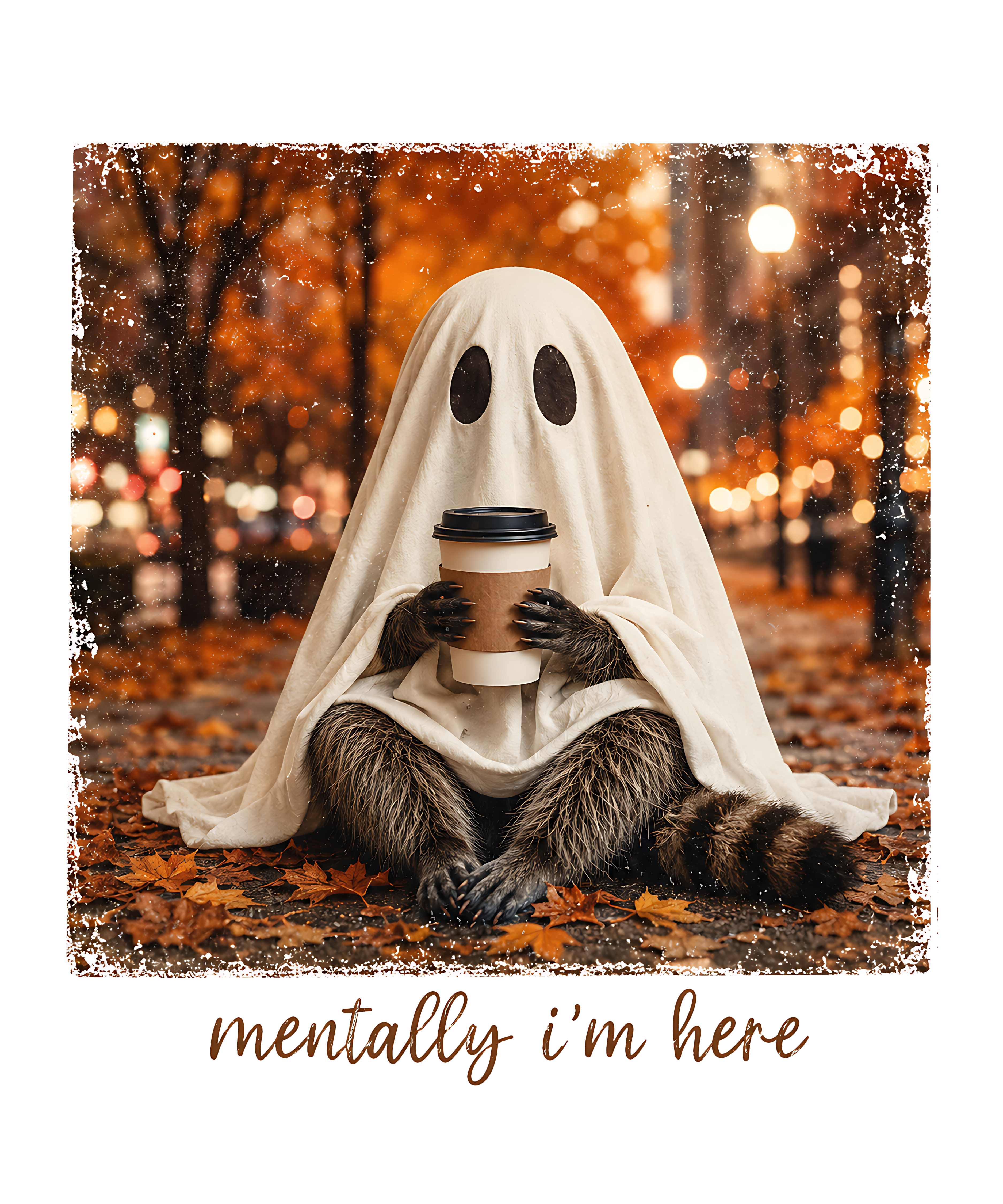 Mentally I'm Here Ghost with Coffee in Fall Leaves – Halloween Ready to Press DTF Transfer