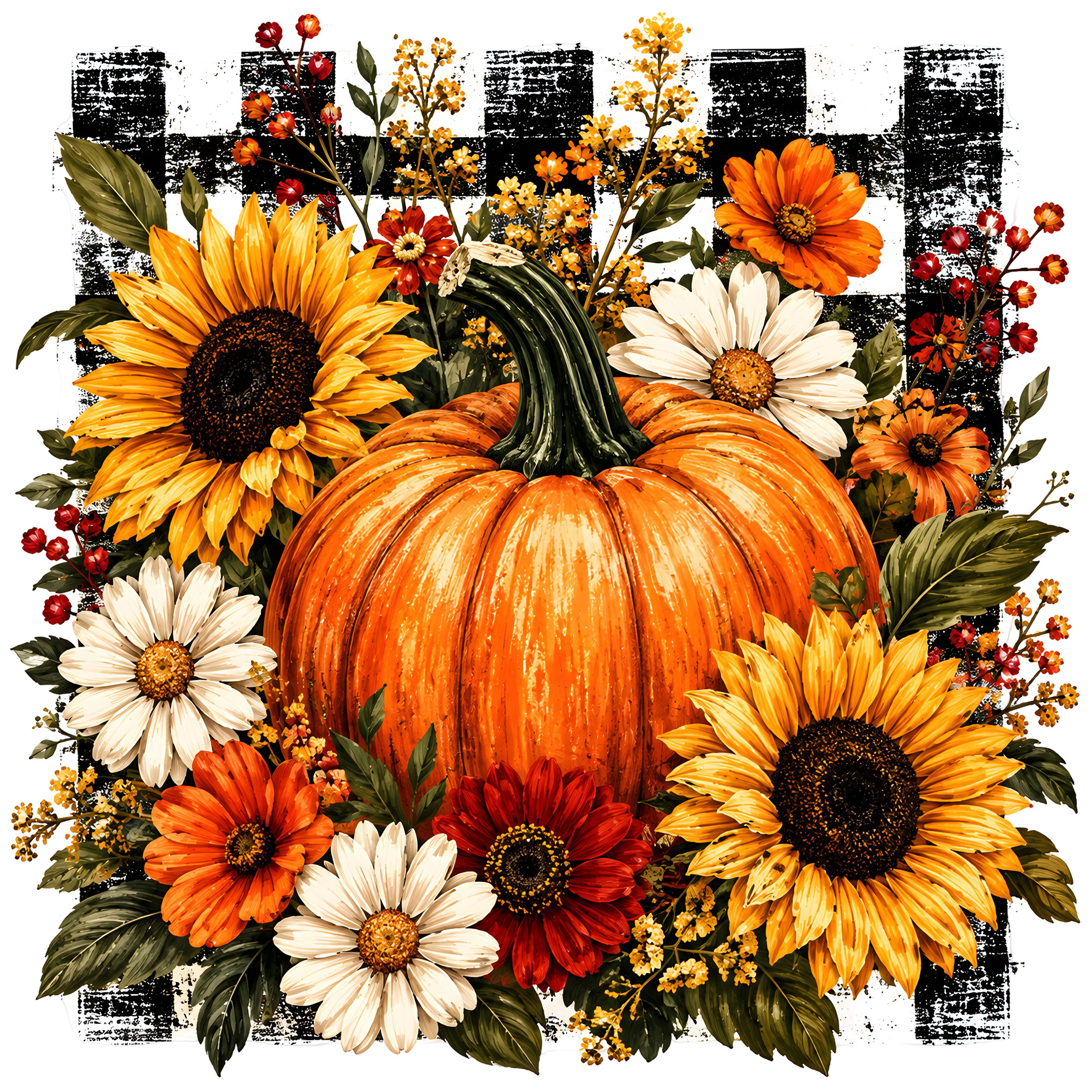 Pumpkin and Sunflower Bouquet on Checkered Background – Fall Ready to Press DTF Transfer