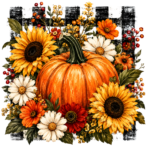 Pumpkin and Sunflower Bouquet on Checkered Background – Fall Ready to Press DTF Transfer