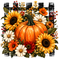 Pumpkin and Sunflower Bouquet on Checkered Background – Fall Ready to Press DTF Transfer