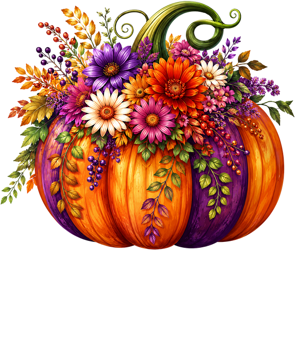 Floral Pumpkin with Autumn Flowers – Fall Ready to Press DTF Transfer