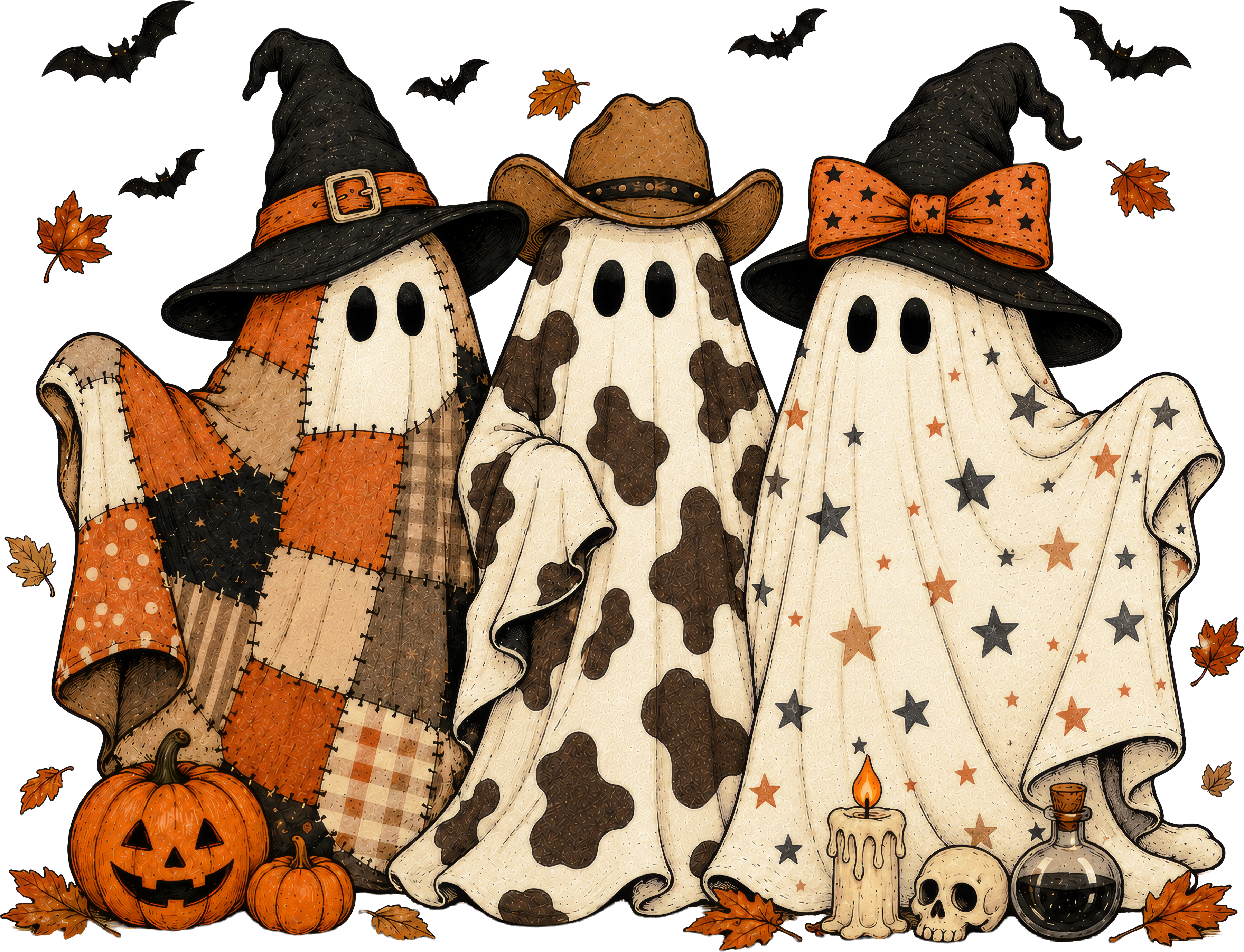 Western Patchwork Ghosts Trio – Halloween Ready to Press DTF Transfer