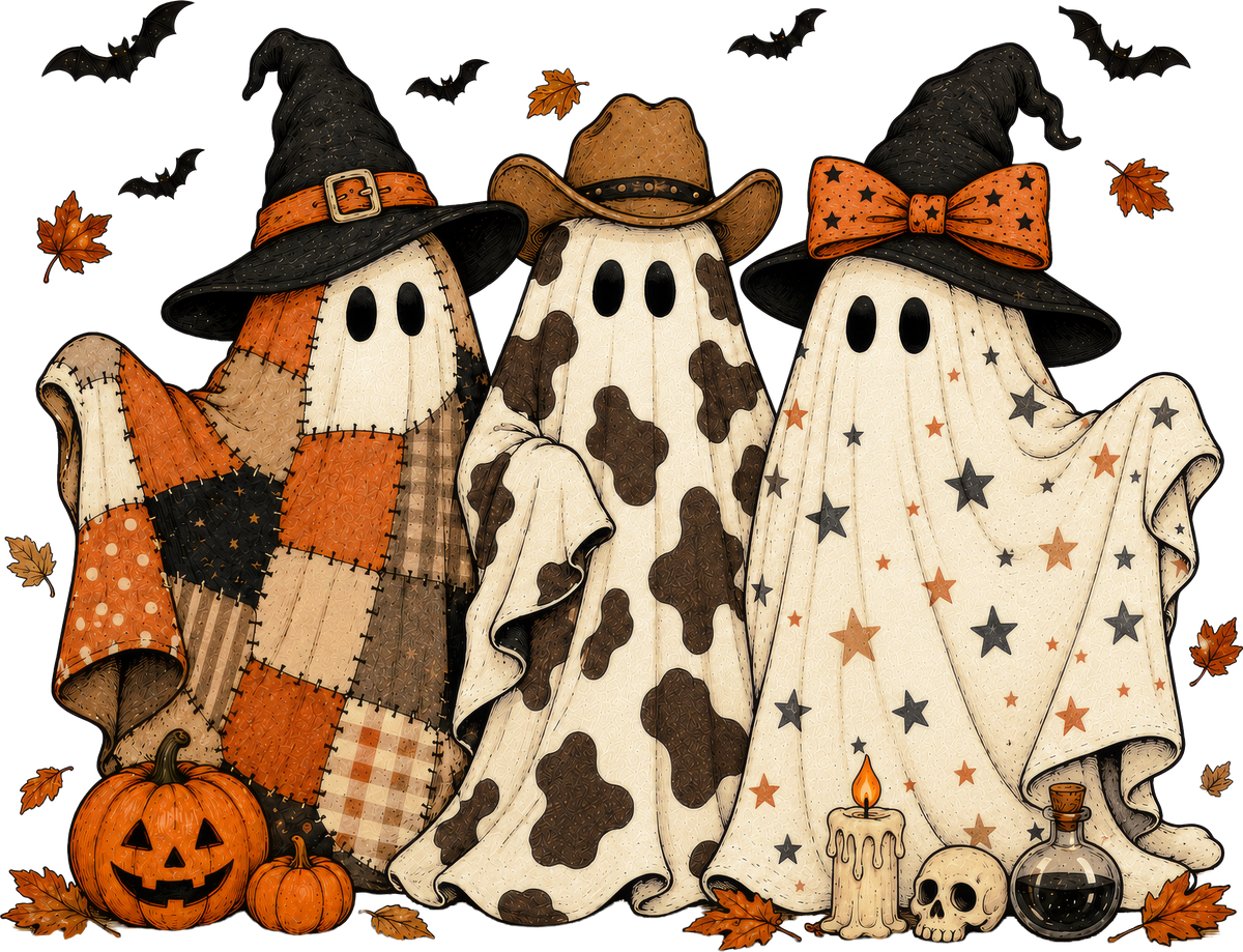 Western Patchwork Ghosts Trio – Halloween Ready to Press DTF Transfer