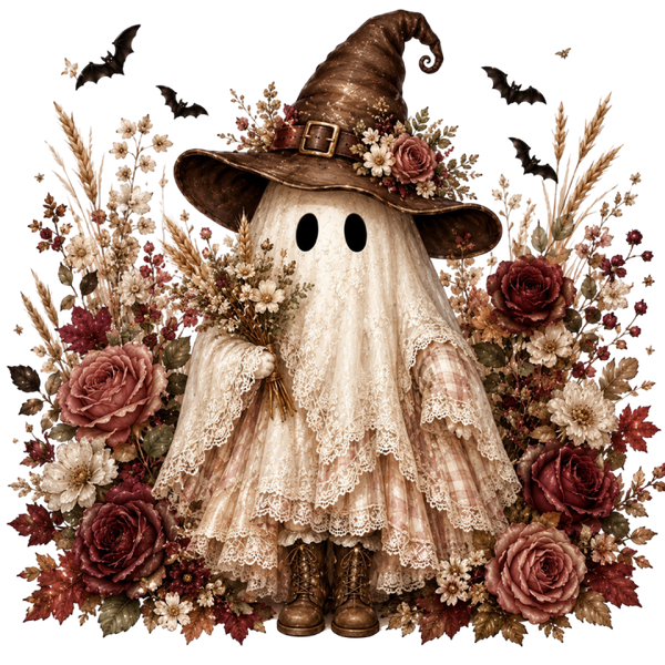 Vintage Floral Lace Ghost with Witch Hat – Halloween Ready to Press DTF Transfer