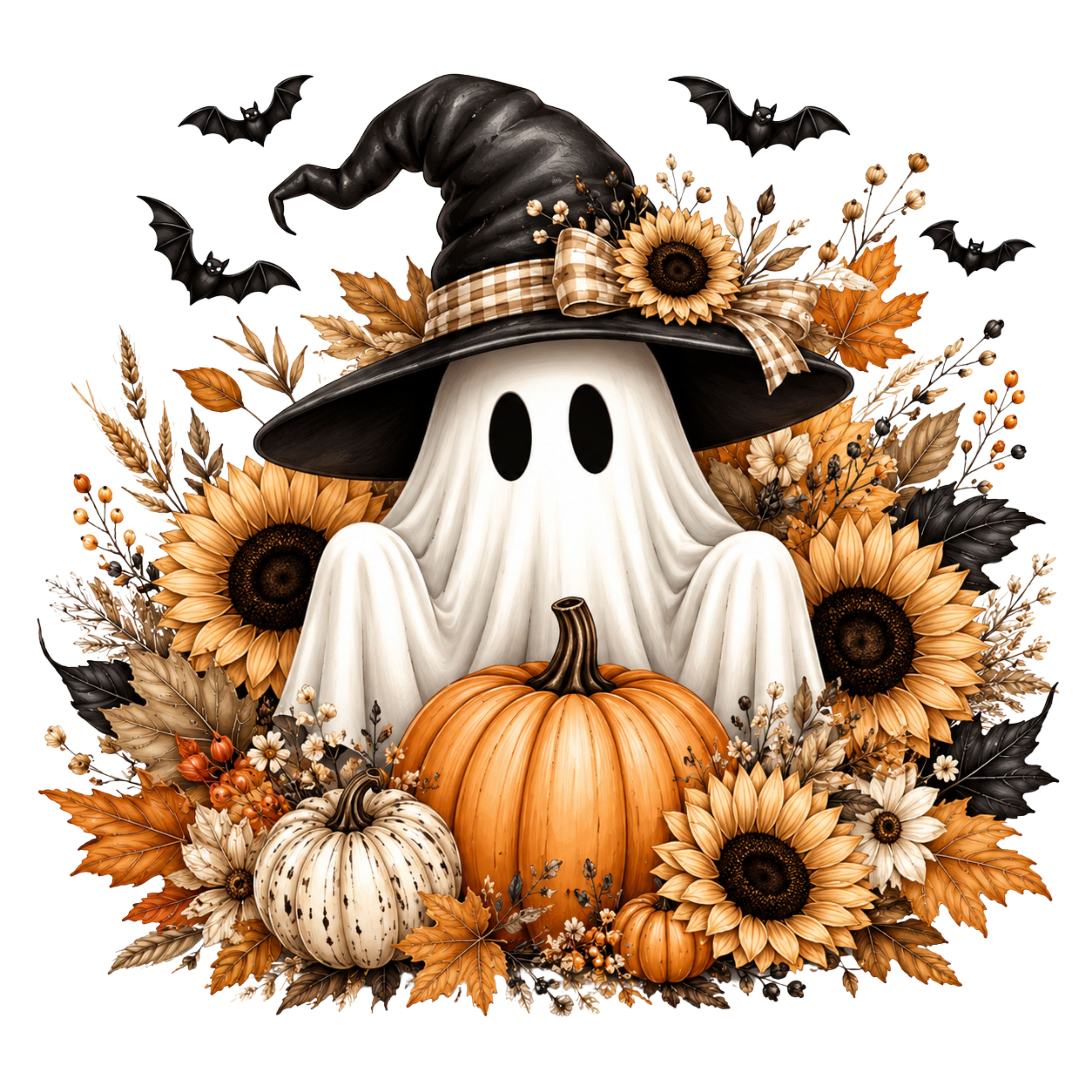Cozy Ghost with Sunflowers and Pumpkins – Halloween Ready to Press DTF Transfer