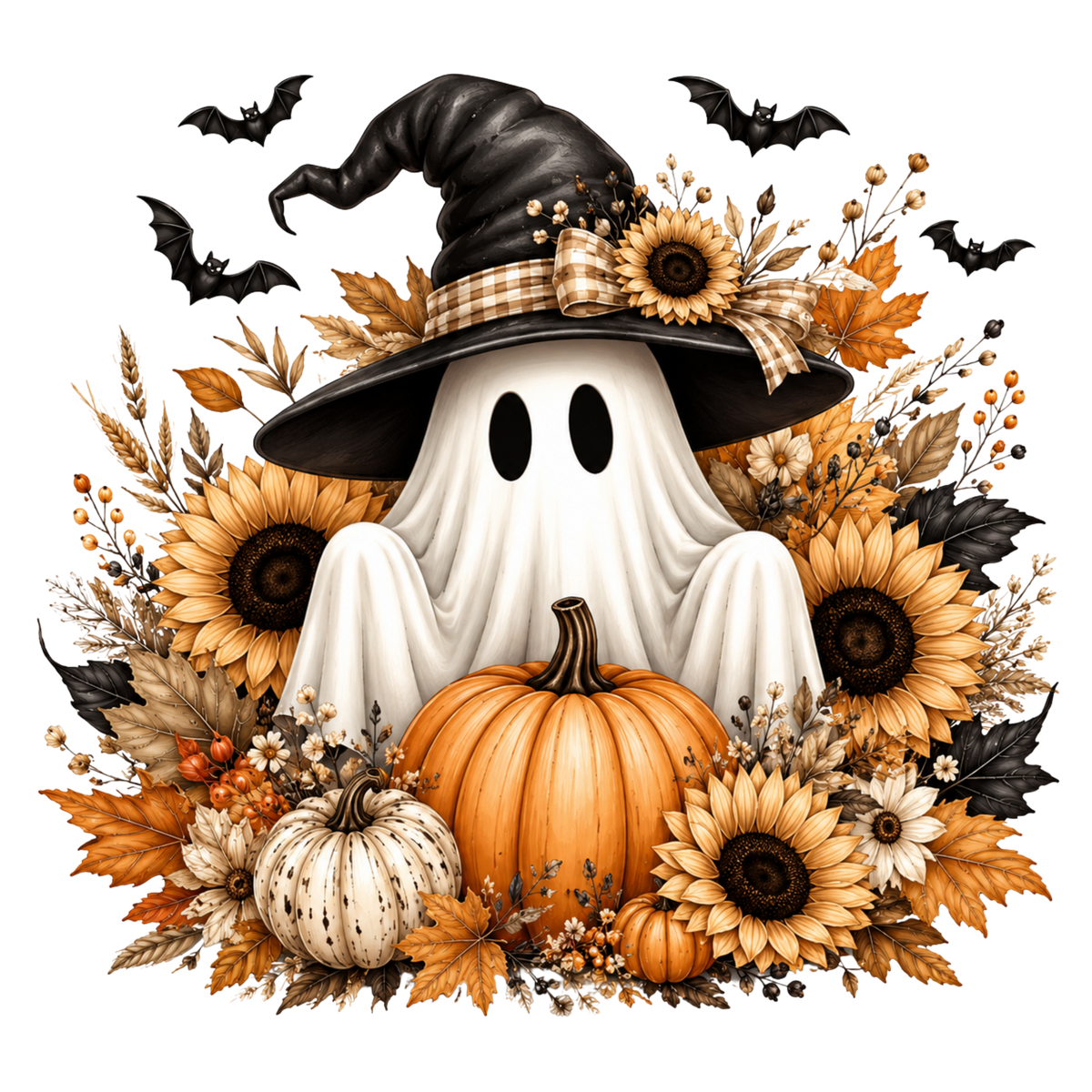 Cozy Ghost with Sunflowers and Pumpkins – Halloween Ready to Press DTF Transfer