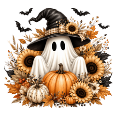 Cozy Ghost with Sunflowers and Pumpkins – Halloween Ready to Press DTF Transfer
