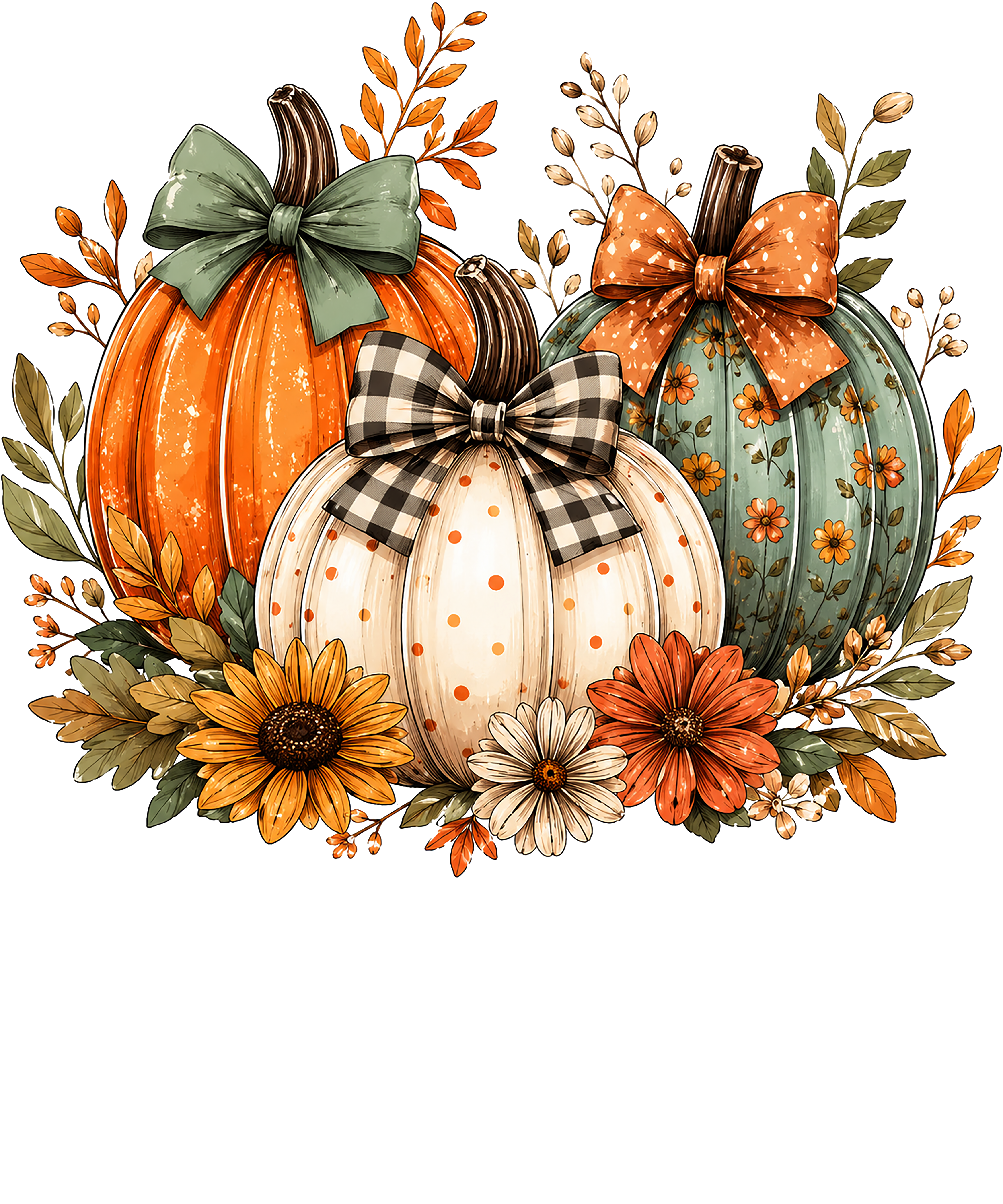 Autumn Pumpkins Trio with Bows and Sunflowers – Fall Ready to Press DTF Transfer