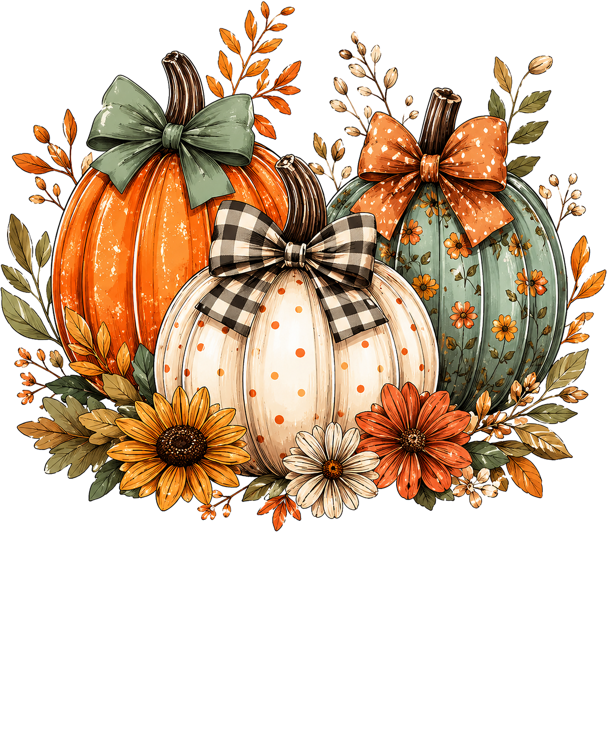 Autumn Pumpkins Trio with Bows and Sunflowers – Fall Ready to Press DTF Transfer