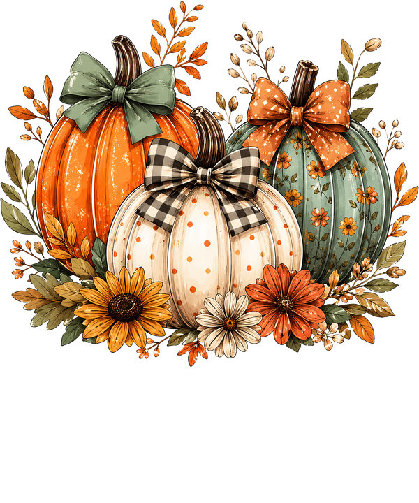 Autumn Pumpkins Trio with Bows and Sunflowers – Fall Ready to Press DTF Transfer