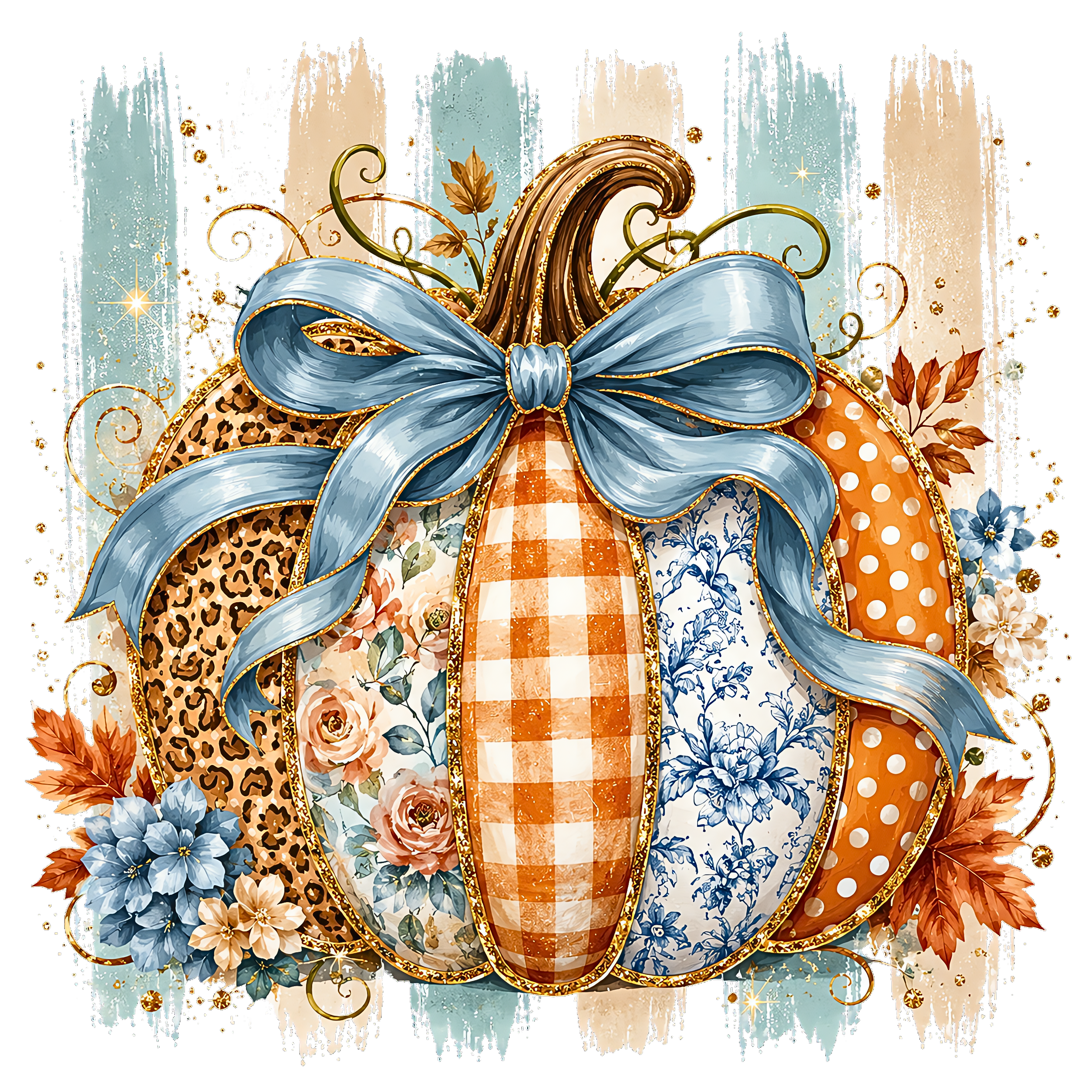 Striped Patchwork Pumpkin with Blue Bow – Fall Ready to Press DTF Transfer
