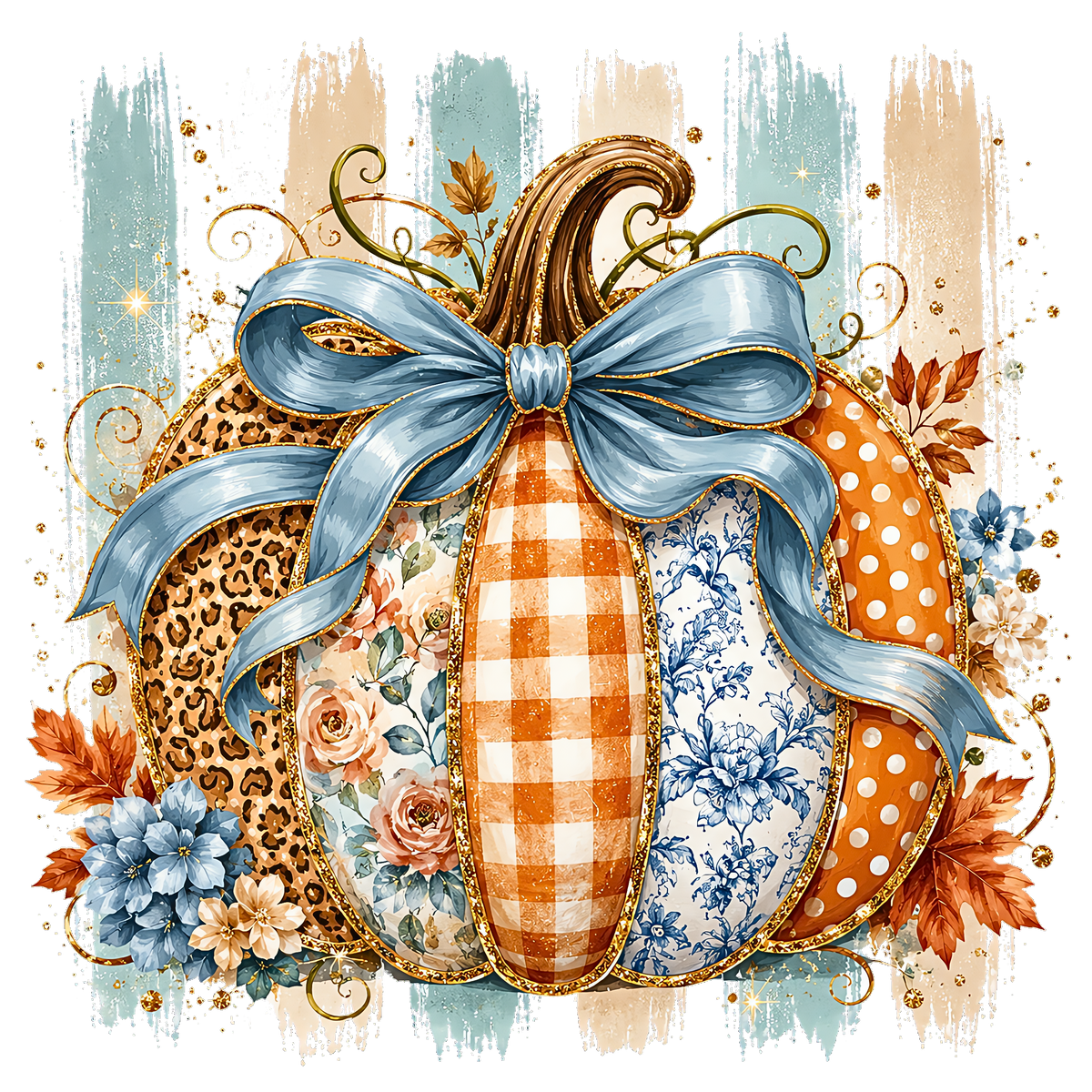 Striped Patchwork Pumpkin with Blue Bow – Fall Ready to Press DTF Transfer