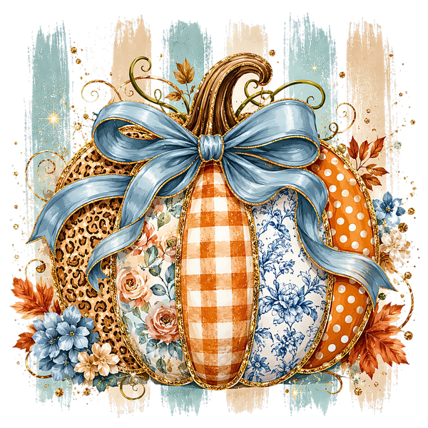 Striped Patchwork Pumpkin with Blue Bow – Fall Ready to Press DTF Transfer
