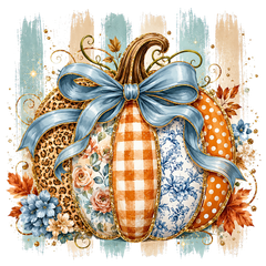 Striped Patchwork Pumpkin with Blue Bow – Fall Ready to Press DTF Transfer