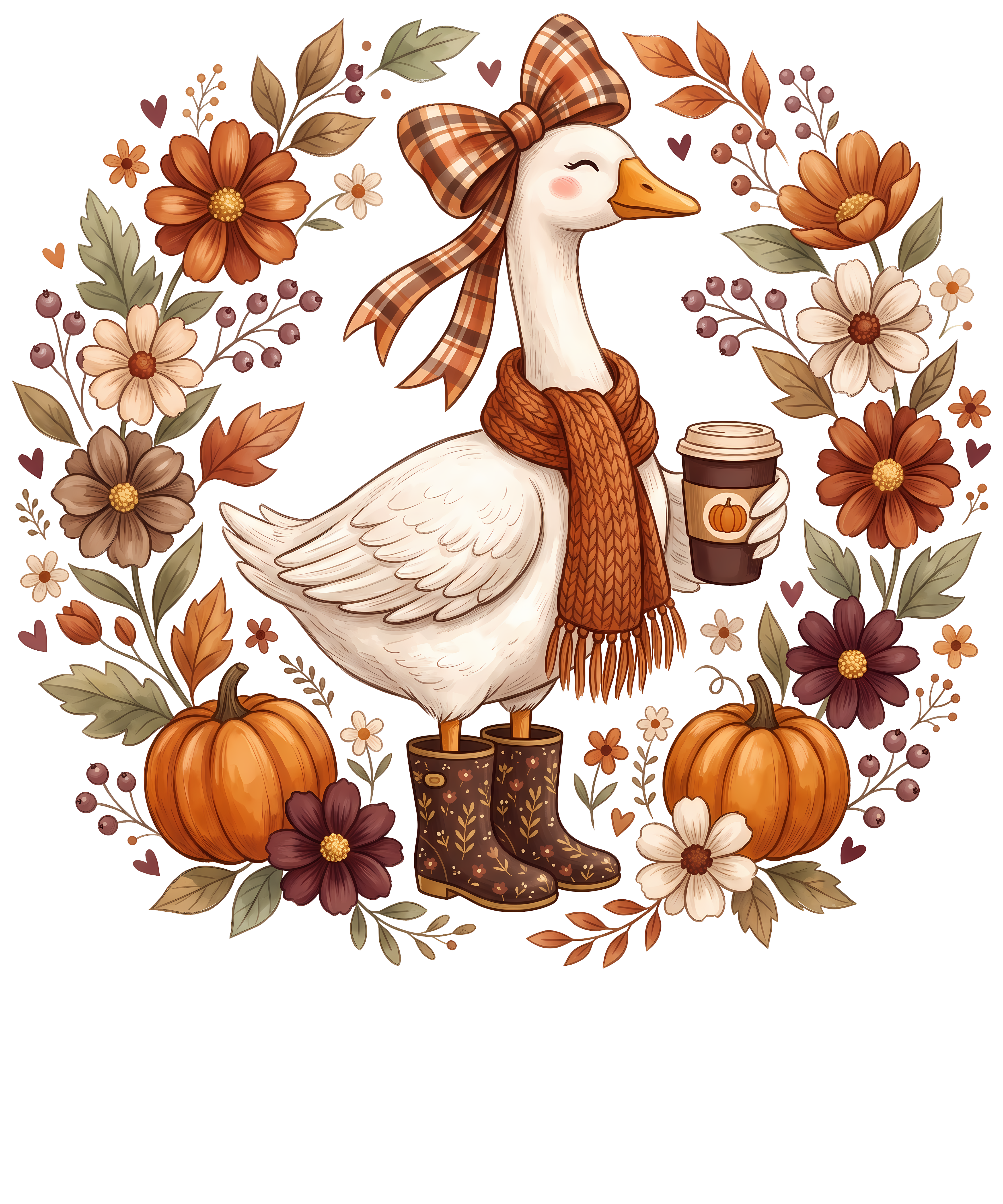 Cute Fall Goose with Pumpkins and Coffee – Fall Ready to Press DTF Transfer
