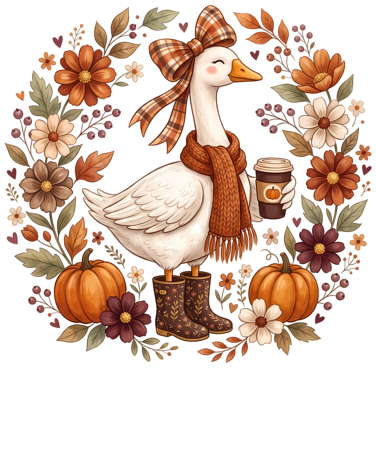 Cute Fall Goose with Pumpkins and Coffee – Fall Ready to Press DTF Transfer