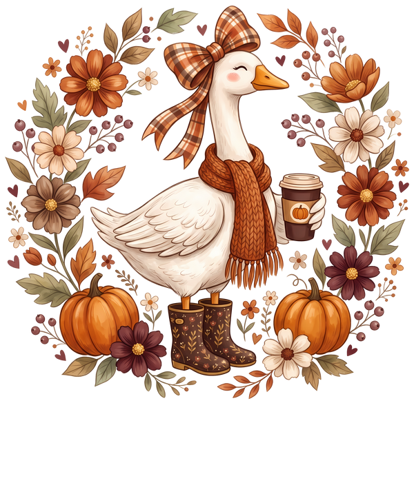Cute Fall Goose with Pumpkins and Coffee – Fall Ready to Press DTF Transfer
