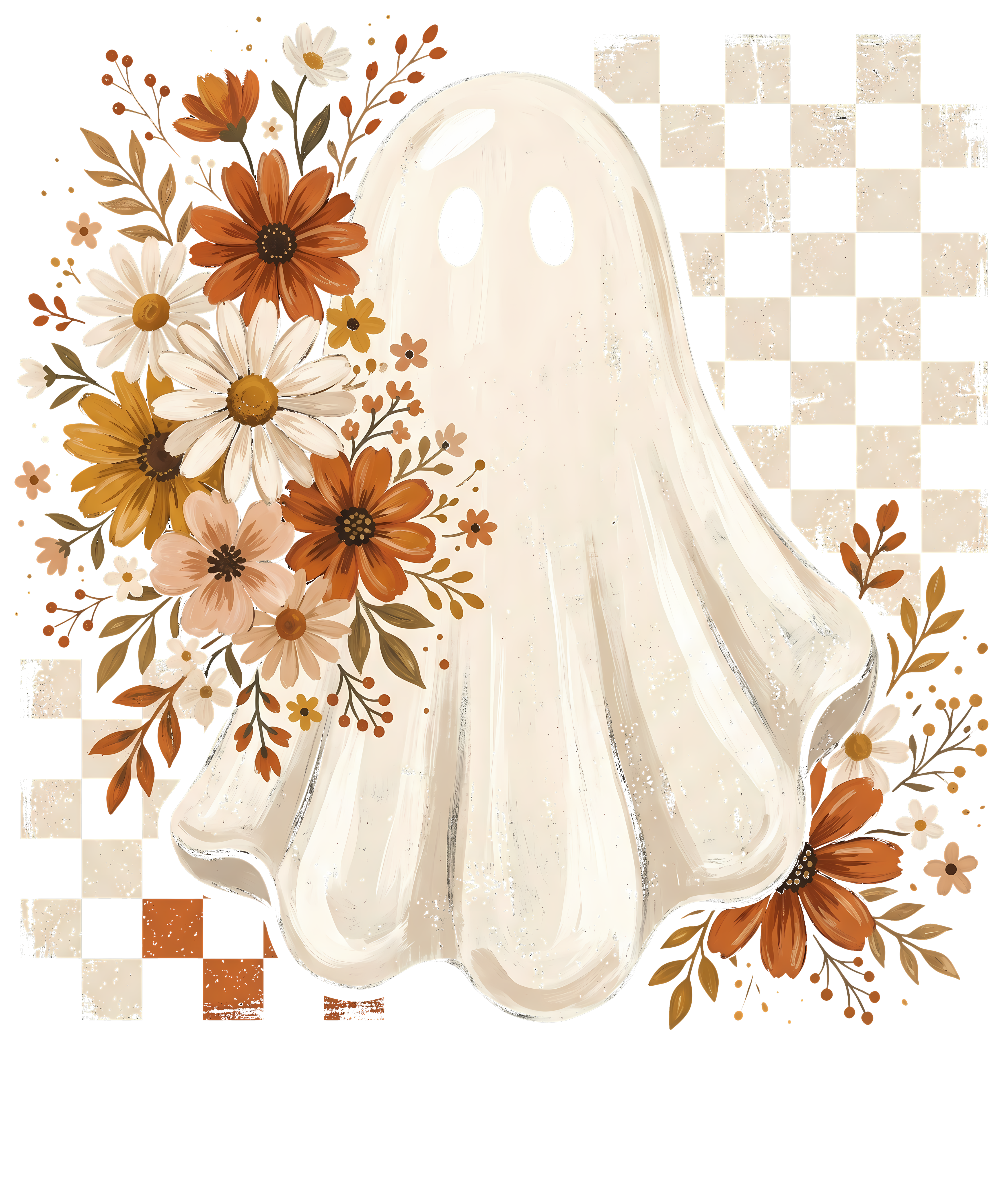 Floral Ghost with Retro Checkered Background – Halloween Ready to Press DTF Transfer