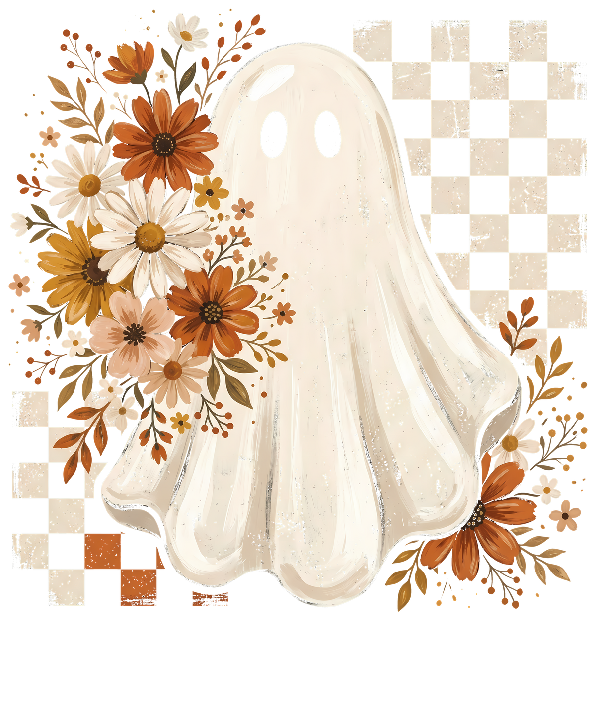Floral Ghost with Retro Checkered Background – Halloween Ready to Press DTF Transfer