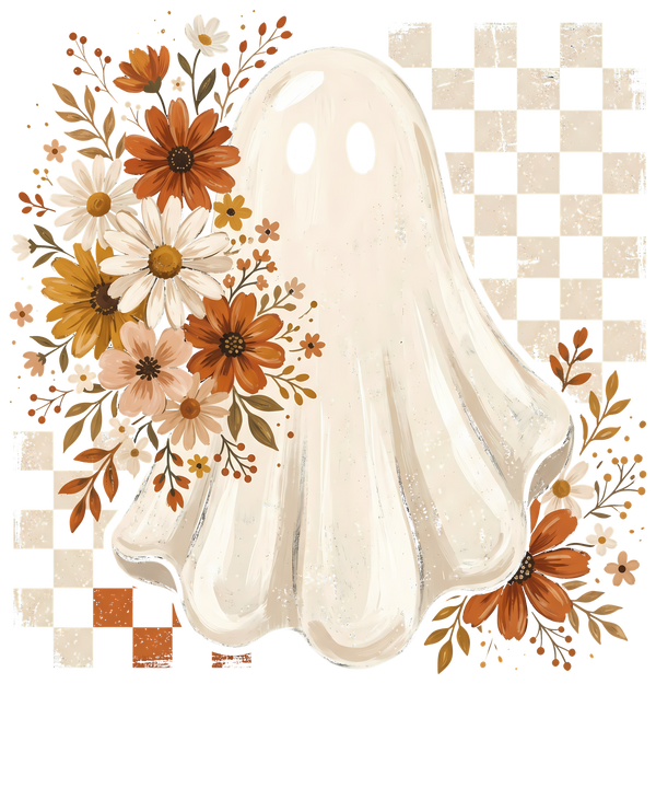 Floral Ghost with Retro Checkered Background – Halloween Ready to Press DTF Transfer