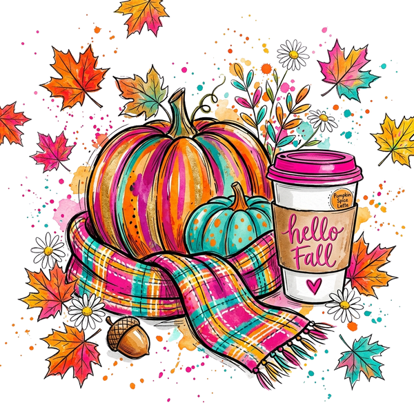 Hello Fall Pumpkin Spice Coffee – Fall Ready to Press DTF Transfer