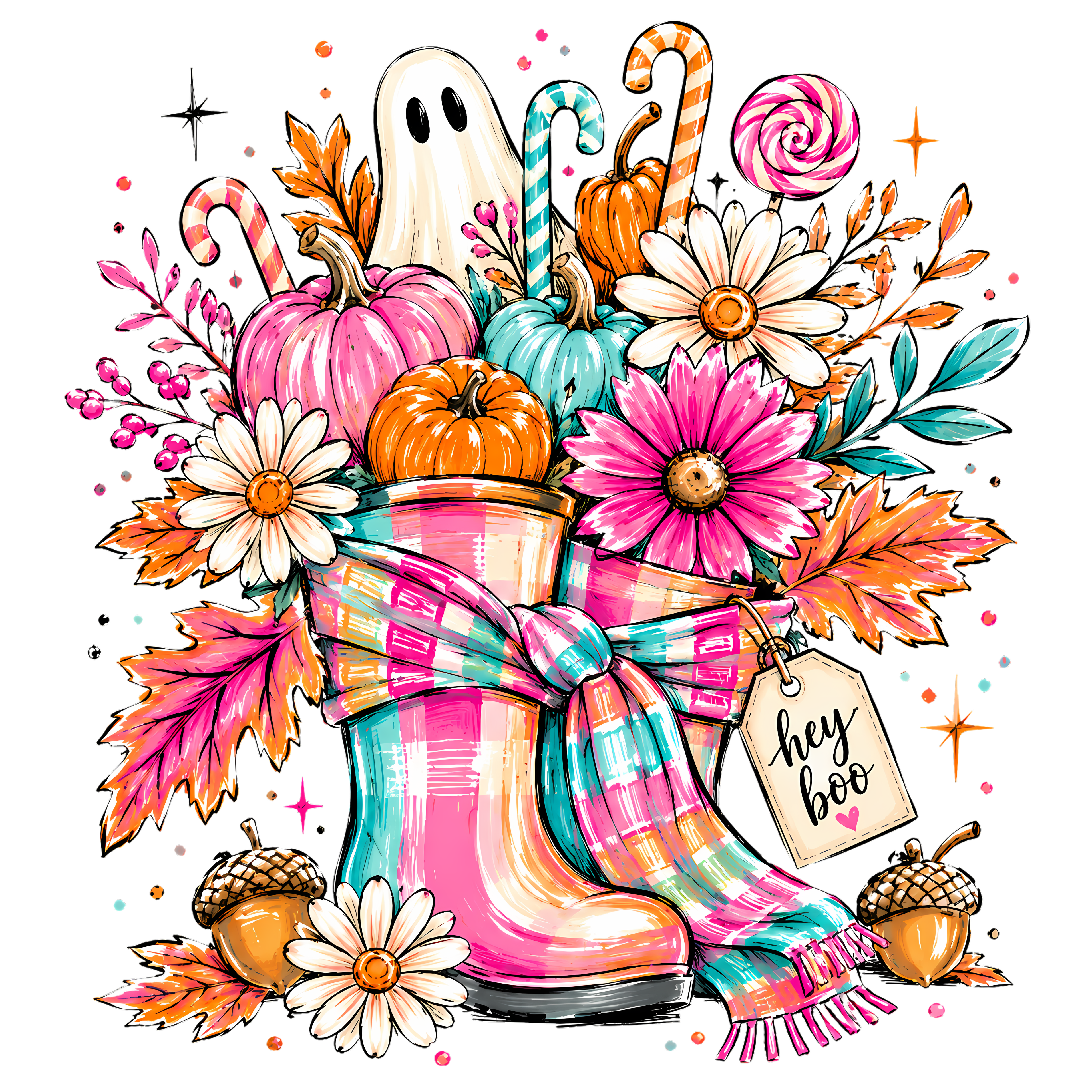 Hey Boo Pink Rain Boots with Ghost and Pumpkins – Halloween Ready to Press DTF Transfer