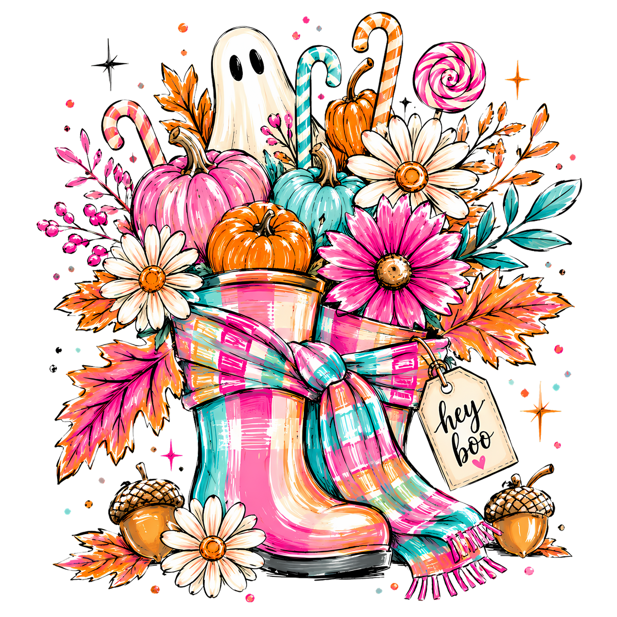 Hey Boo Pink Rain Boots with Ghost and Pumpkins – Halloween Ready to Press DTF Transfer