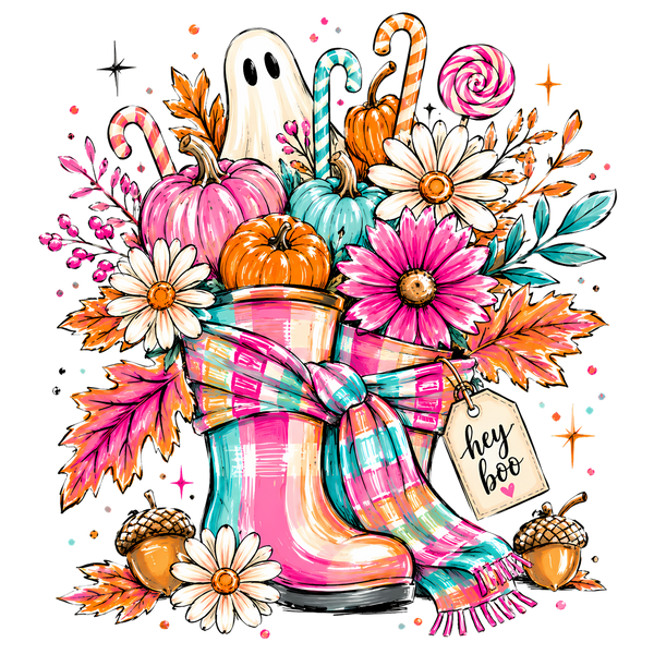 Hey Boo Pink Rain Boots with Ghost and Pumpkins – Halloween Ready to Press DTF Transfer