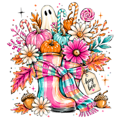 Hey Boo Pink Rain Boots with Ghost and Pumpkins – Halloween Ready to Press DTF Transfer