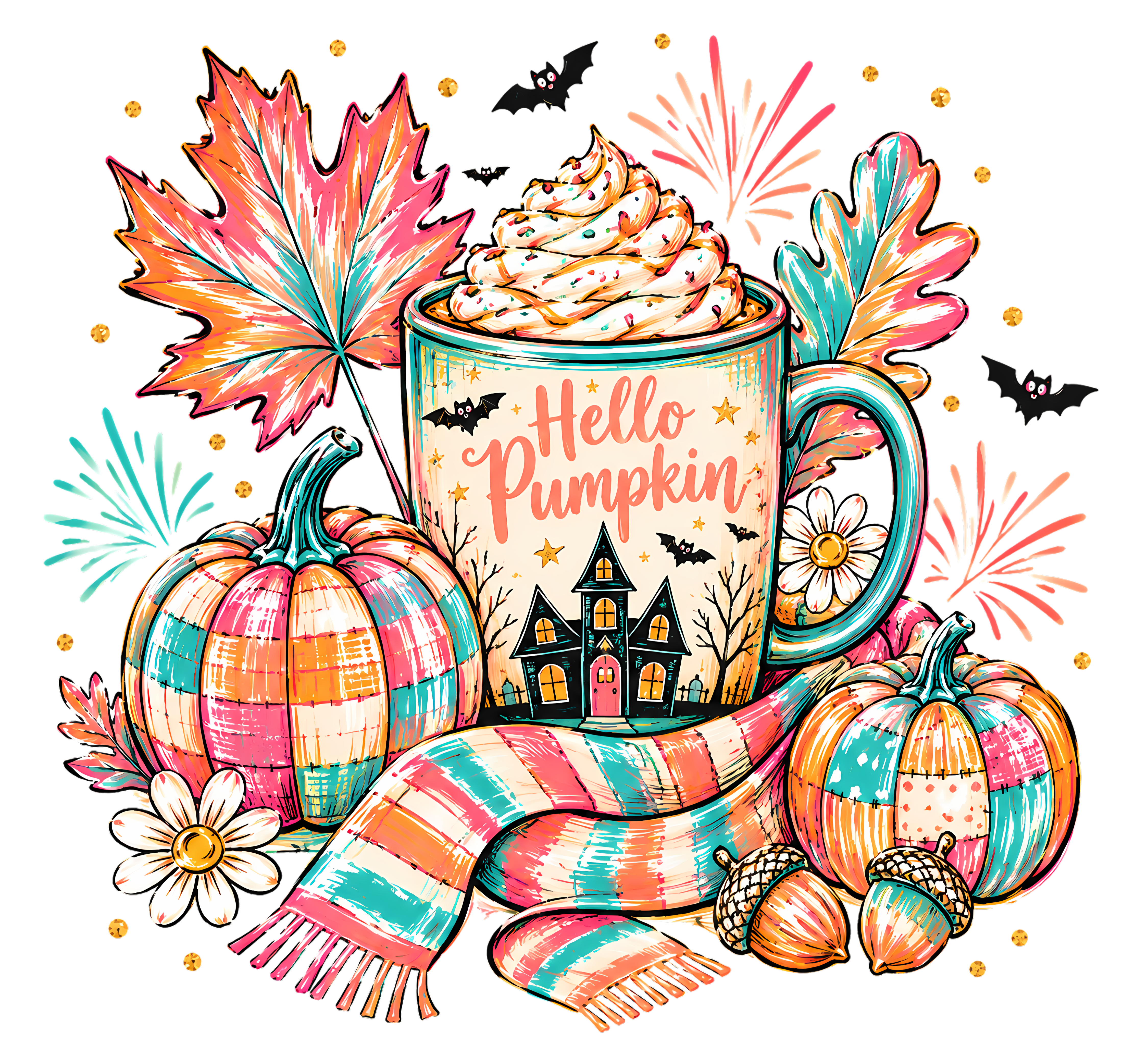 Hello Pumpkin Halloween Coffee Mug with Haunted House – Halloween Ready to Press DTF Transfer