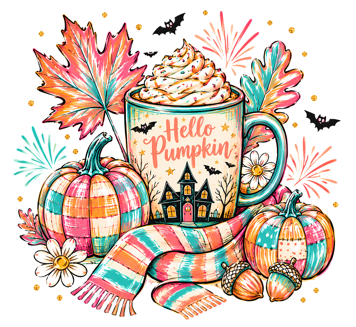 Hello Pumpkin Halloween Coffee Mug with Haunted House – Halloween Ready to Press DTF Transfer