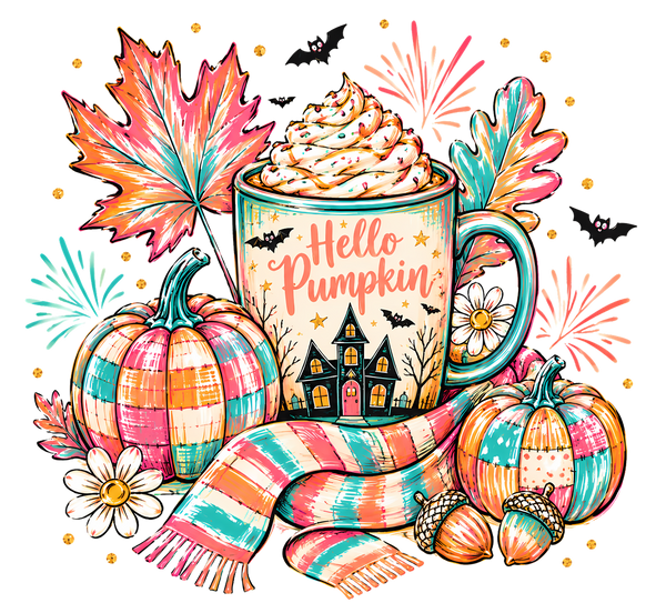 Hello Pumpkin Halloween Coffee Mug with Haunted House – Halloween Ready to Press DTF Transfer