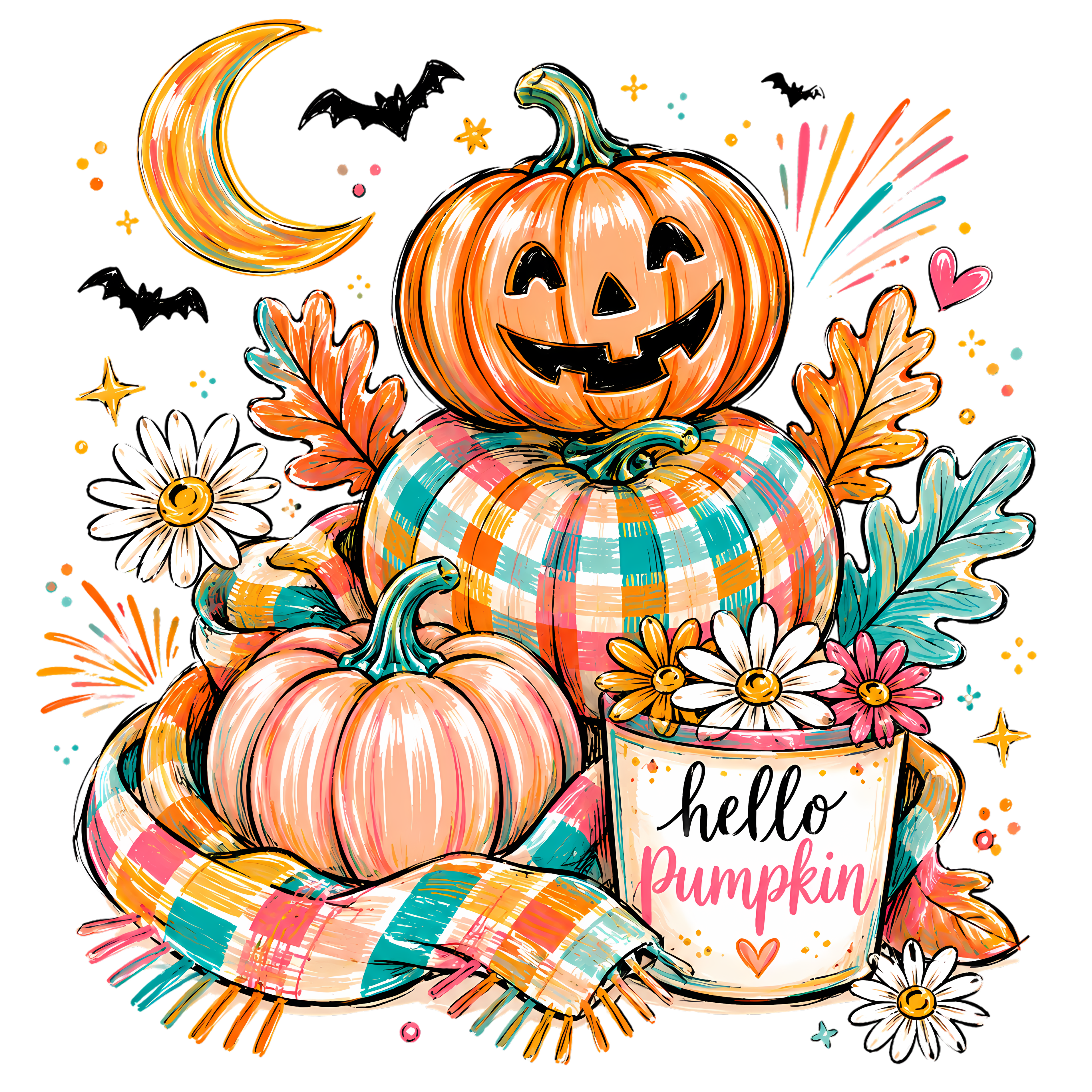 Hello Pumpkin Jack-O-Lantern with Plaid Pumpkins – Halloween Ready to Press DTF Transfer