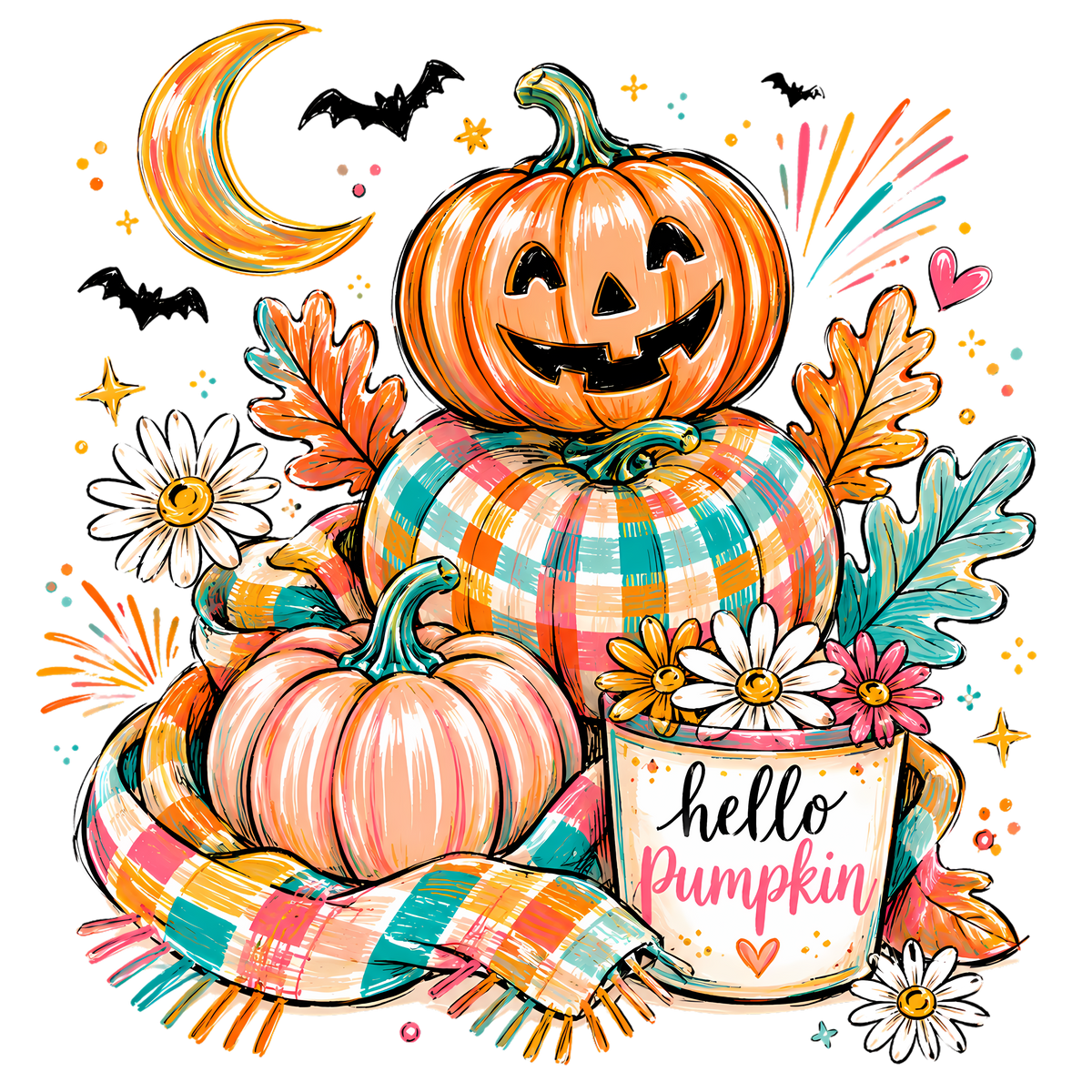 Hello Pumpkin Jack-O-Lantern with Plaid Pumpkins – Halloween Ready to Press DTF Transfer