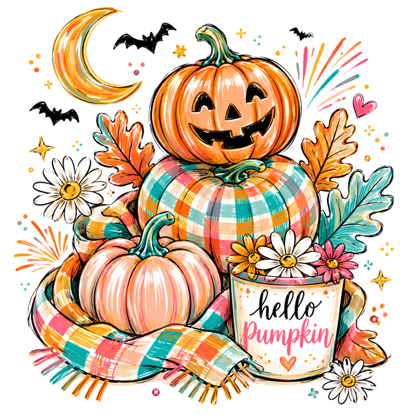 Hello Pumpkin Jack-O-Lantern with Plaid Pumpkins – Halloween Ready to Press DTF Transfer