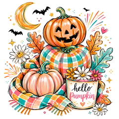 Hello Pumpkin Jack-O-Lantern with Plaid Pumpkins – Halloween Ready to Press DTF Transfer