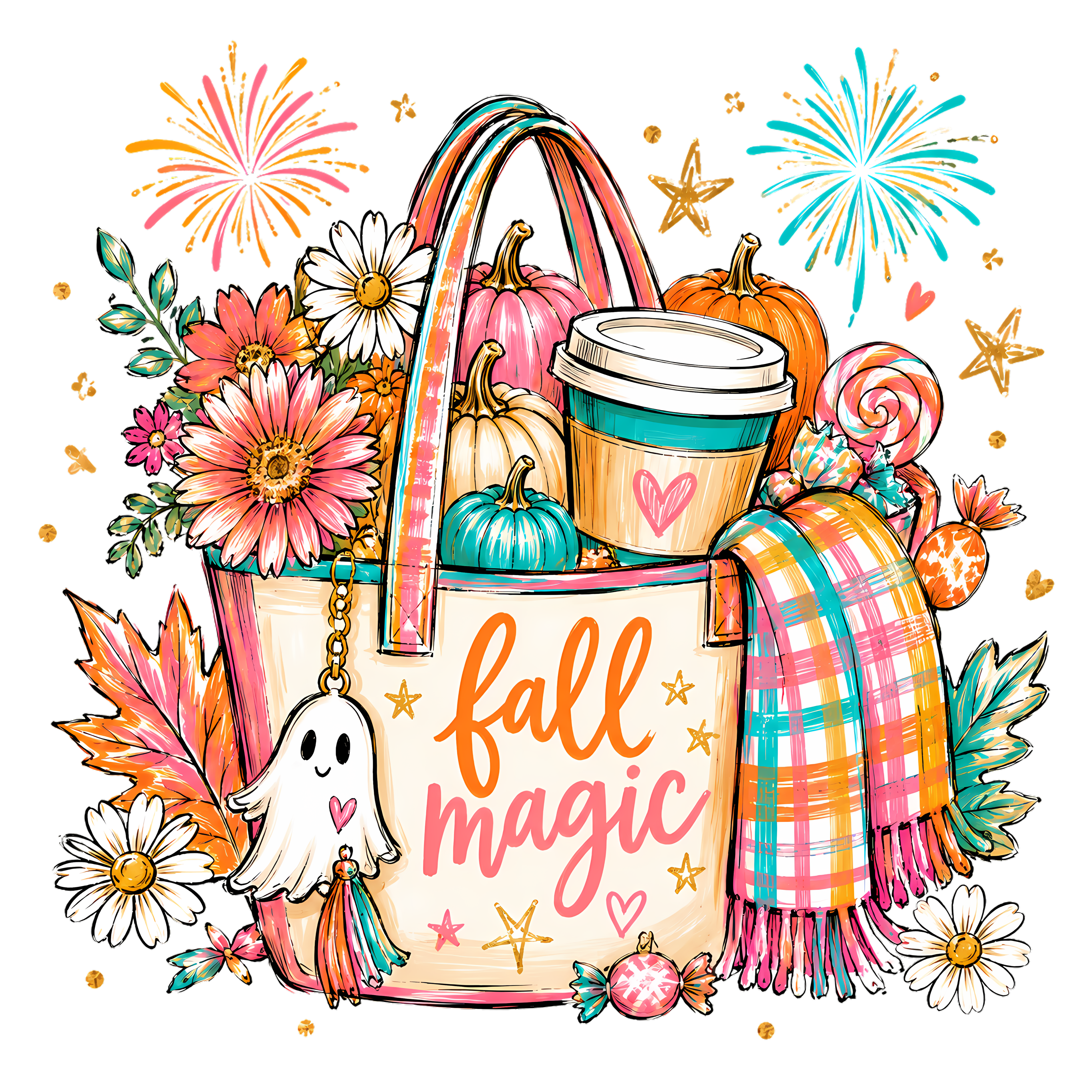 Fall Magic Tote Bag with Ghost and Pumpkins – Fall Ready to Press DTF Transfer