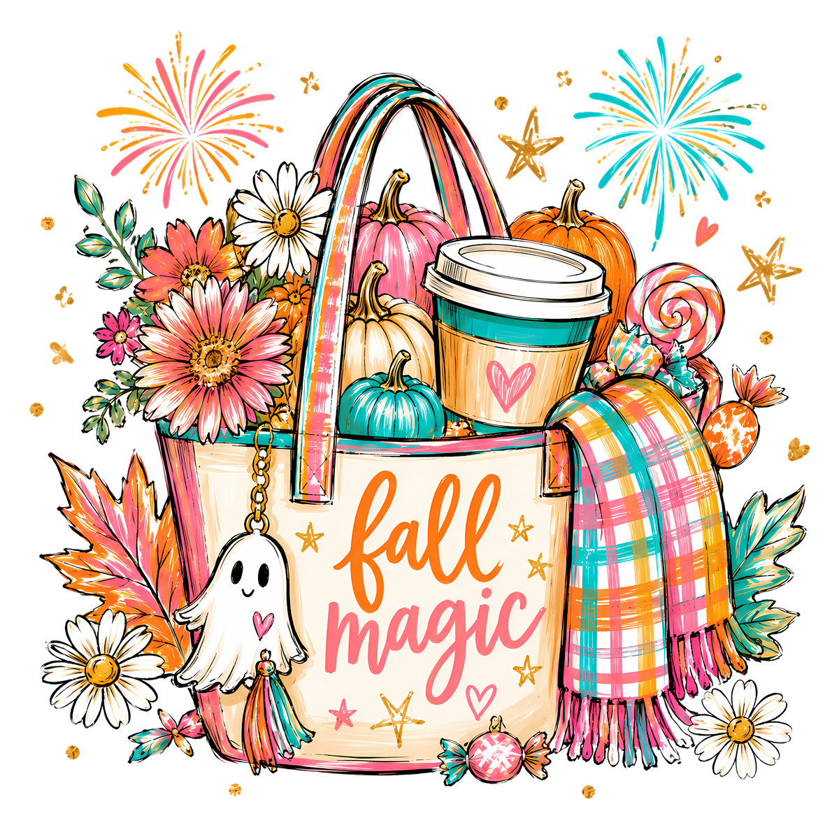 Fall Magic Tote Bag with Ghost and Pumpkins – Fall Ready to Press DTF Transfer